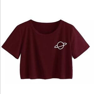 NEW Sweaty Rocks Cropped Tee Saturn T-Shirt Top Burgundy Short Sleeves Juniors L